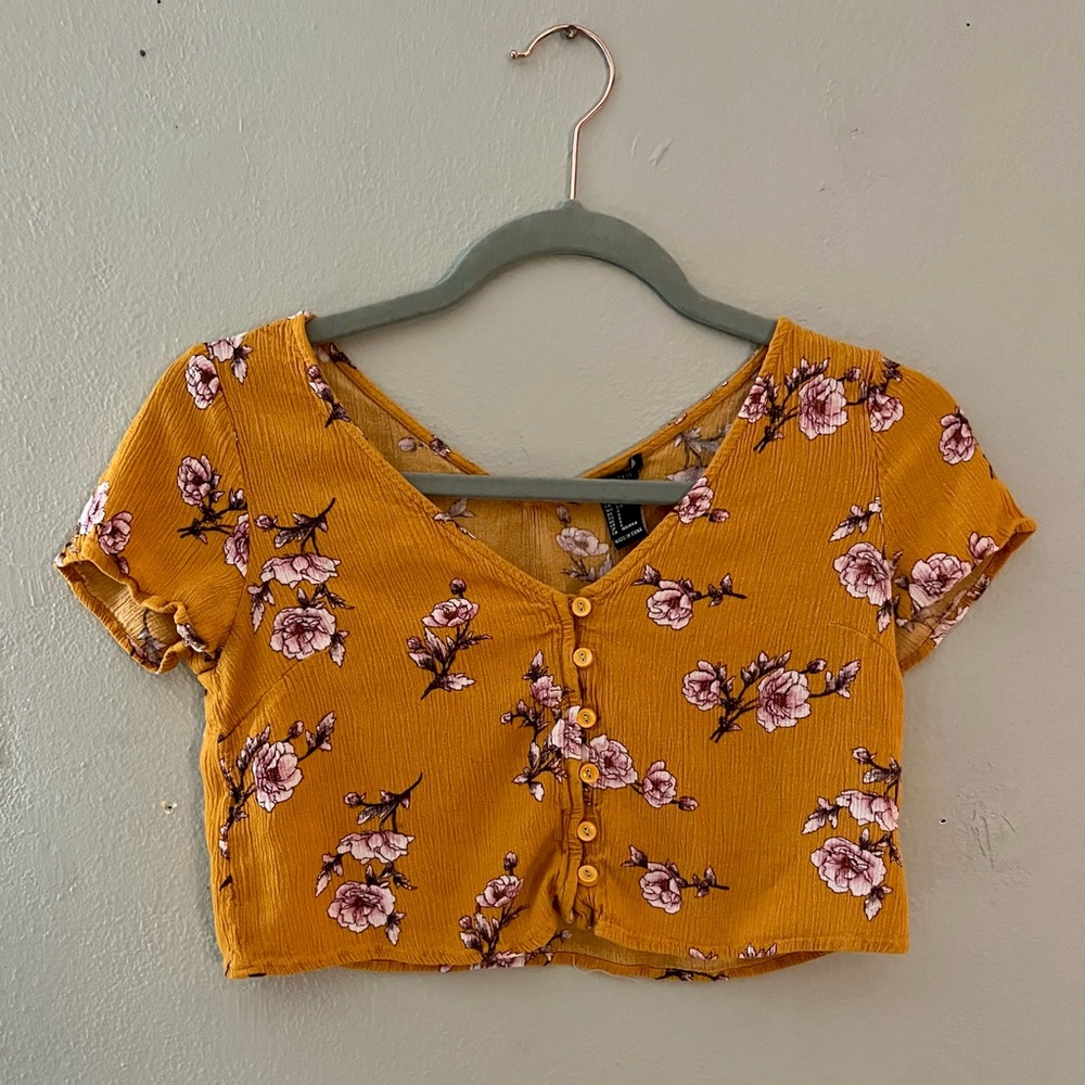 Mustard Floral Crop Top V-Neck
